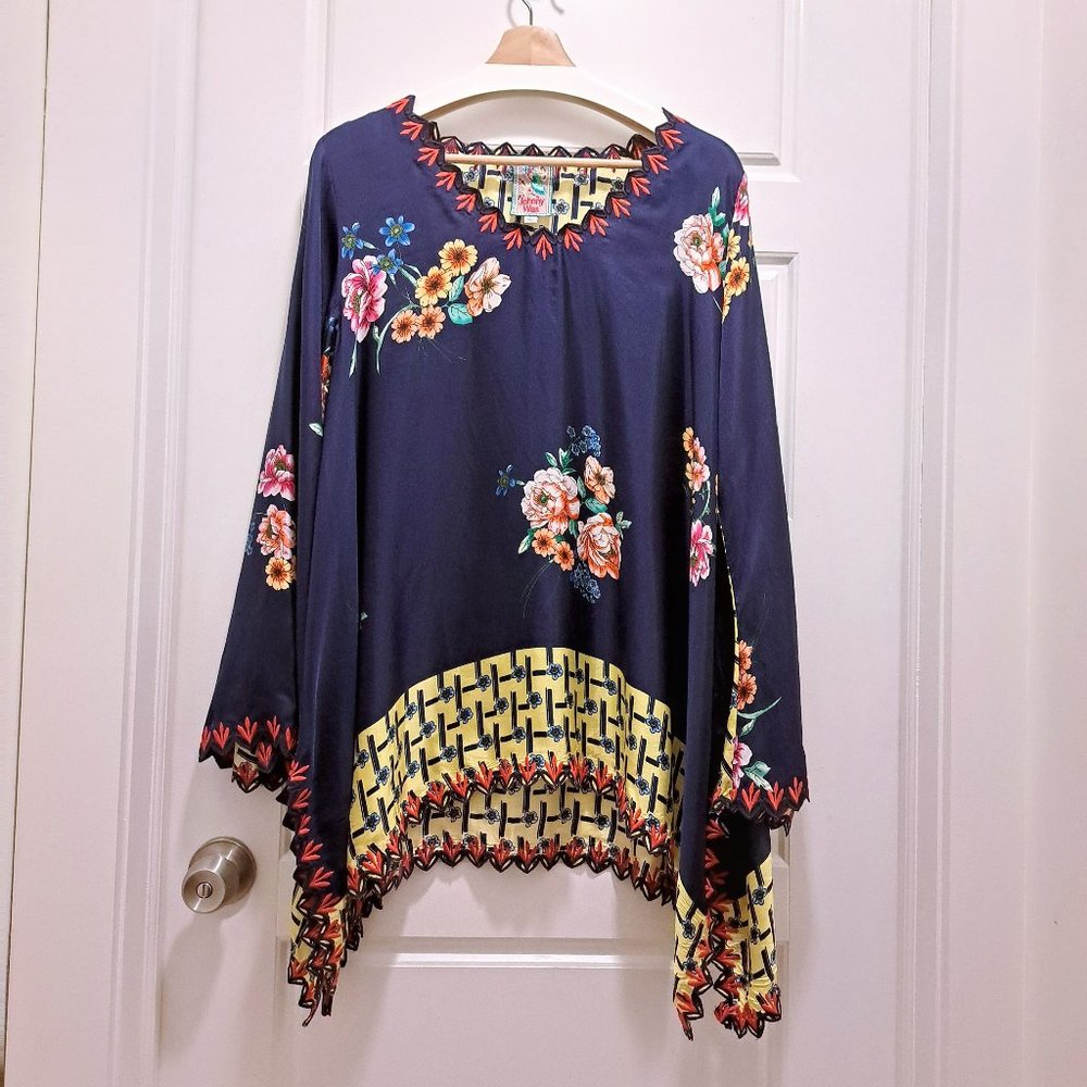 Johnny Was Dinah Silk Tunic with Embroidered Trim Size Large - Picture 2 of 11